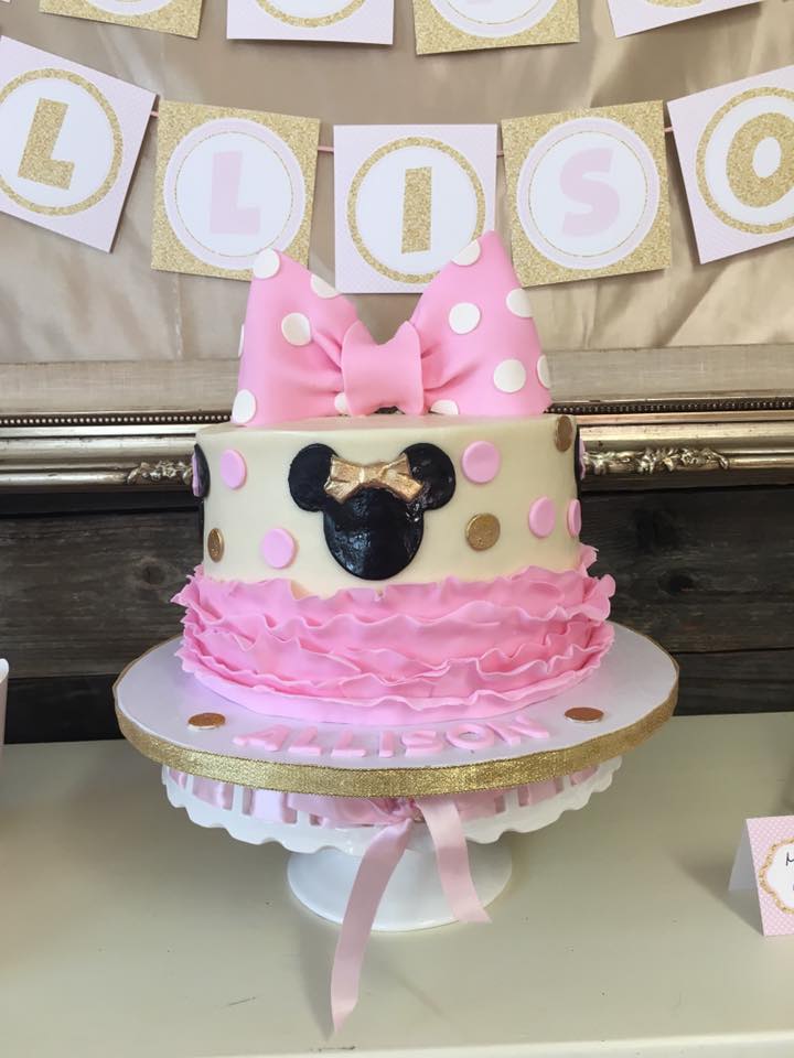 Minnie Mouse Pink and Gold Tea Party Birthday Cake Minnies Bow Cake