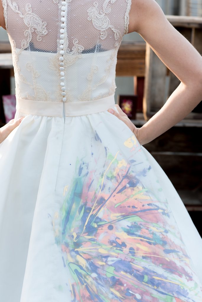 Custom painted tea length dress by the Groom a Los Angeles Artist