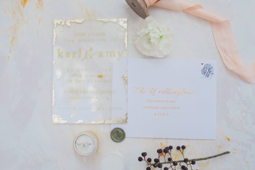 Timeless Romantic Wedding Maxwell House Acrylic Invitation Gold Calligraphy Flat lay Design