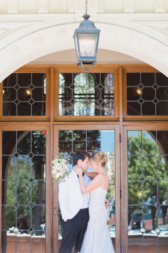 Timeless Romantic Wedding Maxwell House Bride and Groom Front Door