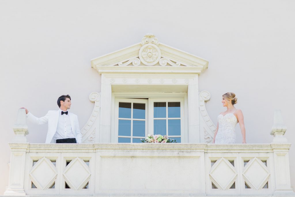 Timeless Romantic Wedding Maxwell House Bride and Groom Balcony