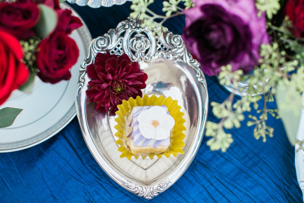 Wedding Dessert Favor petit fours with Fondant flower in Vintage Silver Plate