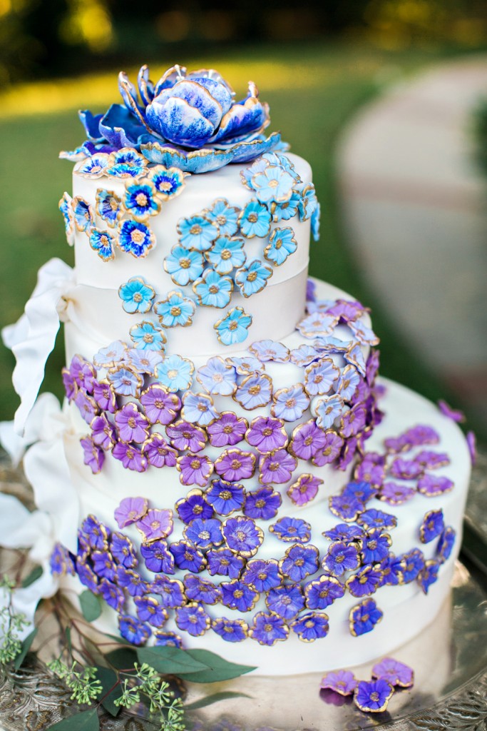 Unique Wedding Cake 3 tier fondant flower blue purple lavender jewel tone hand made 