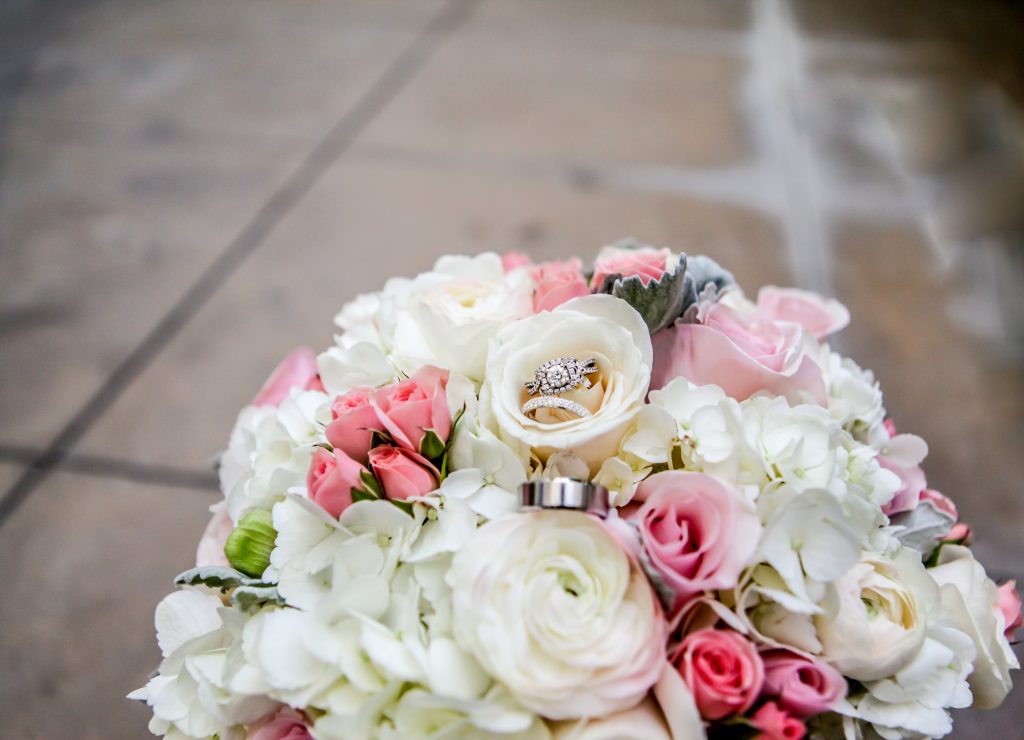 Blush and White Bridal bouquet and wedding rings