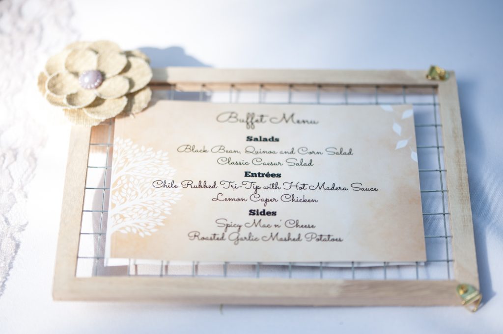 DIY wedding wood mesh wired frame reception menu sign with burlap flower accent