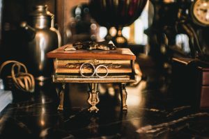 Downtown LA Oviatt Penthouse Wedding Rings on Vintage Piano
