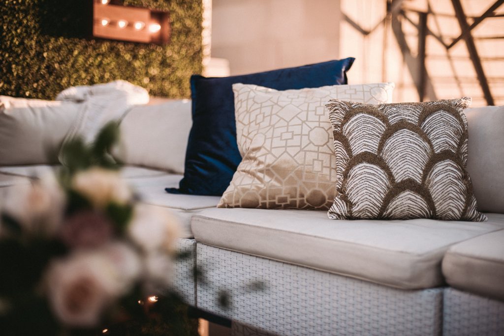 Oviatt Penthouse Wedding Rooftop Lounge area with Specialty Pillows 