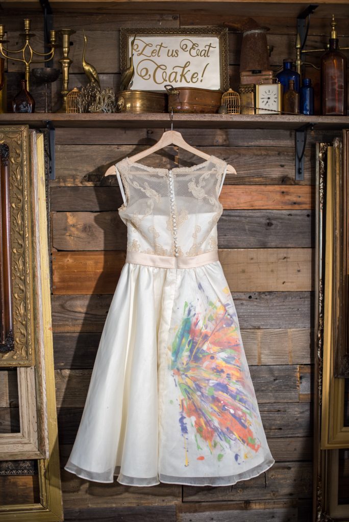 Custom painted tea length dress by the Groom a Los Angeles Artist