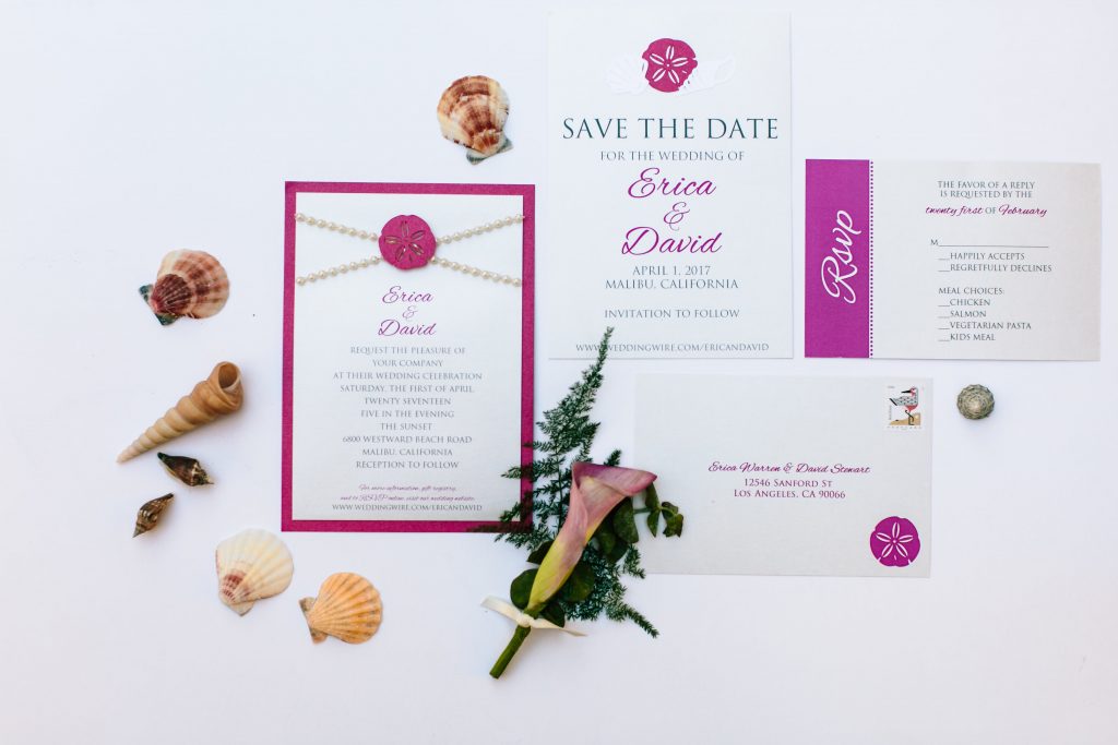 Malibu Beach Wedding Invitation Suite lLa Design Boutique Fuchsia Pearl Seashell