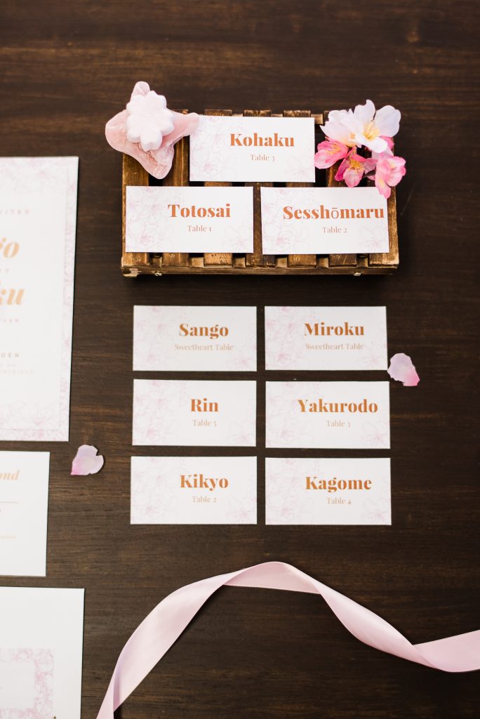 Cherry Blossom Wedding Escort Cards Place Cards Flat-lay