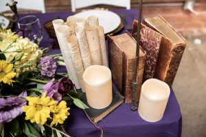 Downtown LA Wedding Purple Table Linen Decor Vintage Props Wizard Wand