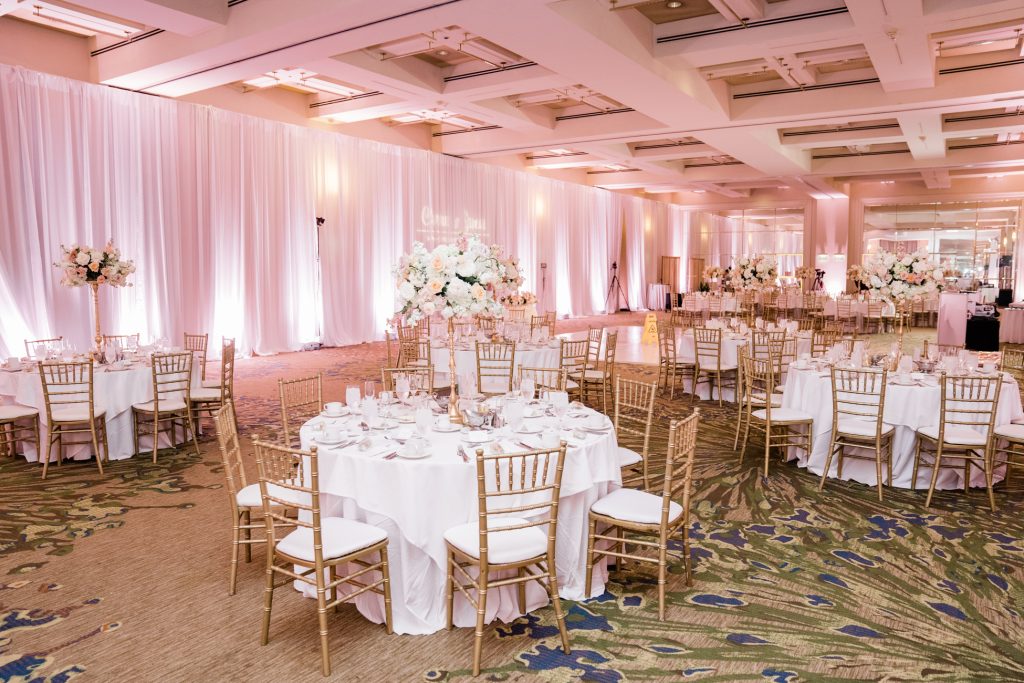 Carrie & James Westin Pasadena Wedding Reception Ballroom Uplight Draping